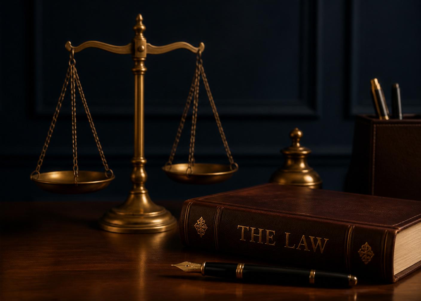 Detalhe de balança em bronze sobre madeira escura